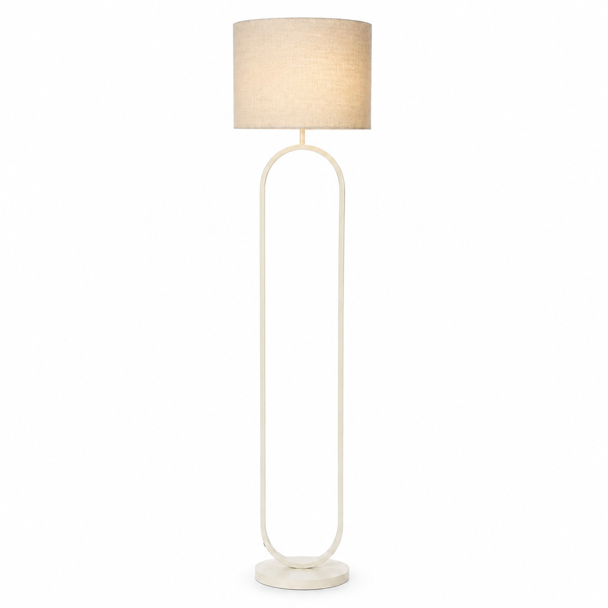 Floor Lamp Merit 9593U Beige with light turned on showing warm glow through natural linen shade, studio white background product shot by Marcottestyle