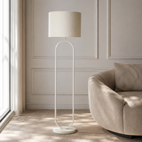 Vloerlamp Merit 9593U Beige styled in modern luxury living room interior with Naturel sunlight, photorealistic lifestyle scene by Marcottestyle