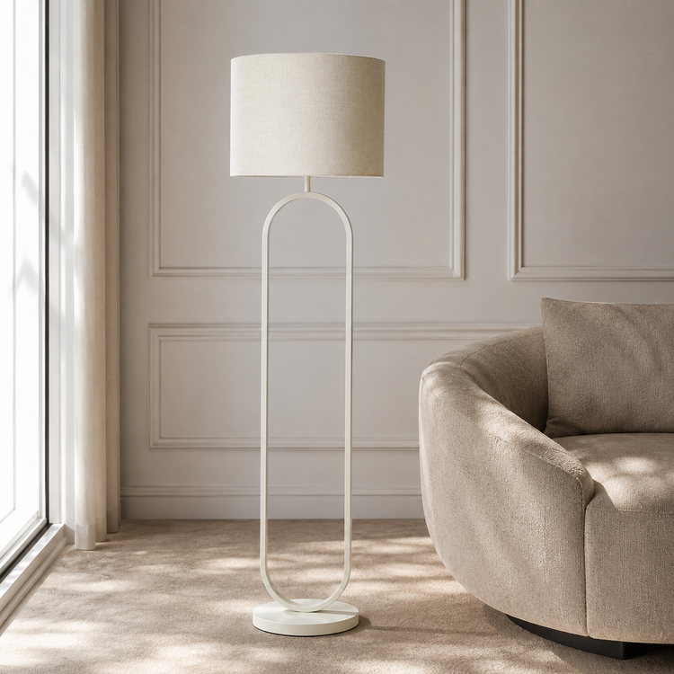 Floor Lamp Merit 9593U Beige styled in modern luxury living room interior with natural sunlight, photorealistic lifestyle scene by Marcottestyle