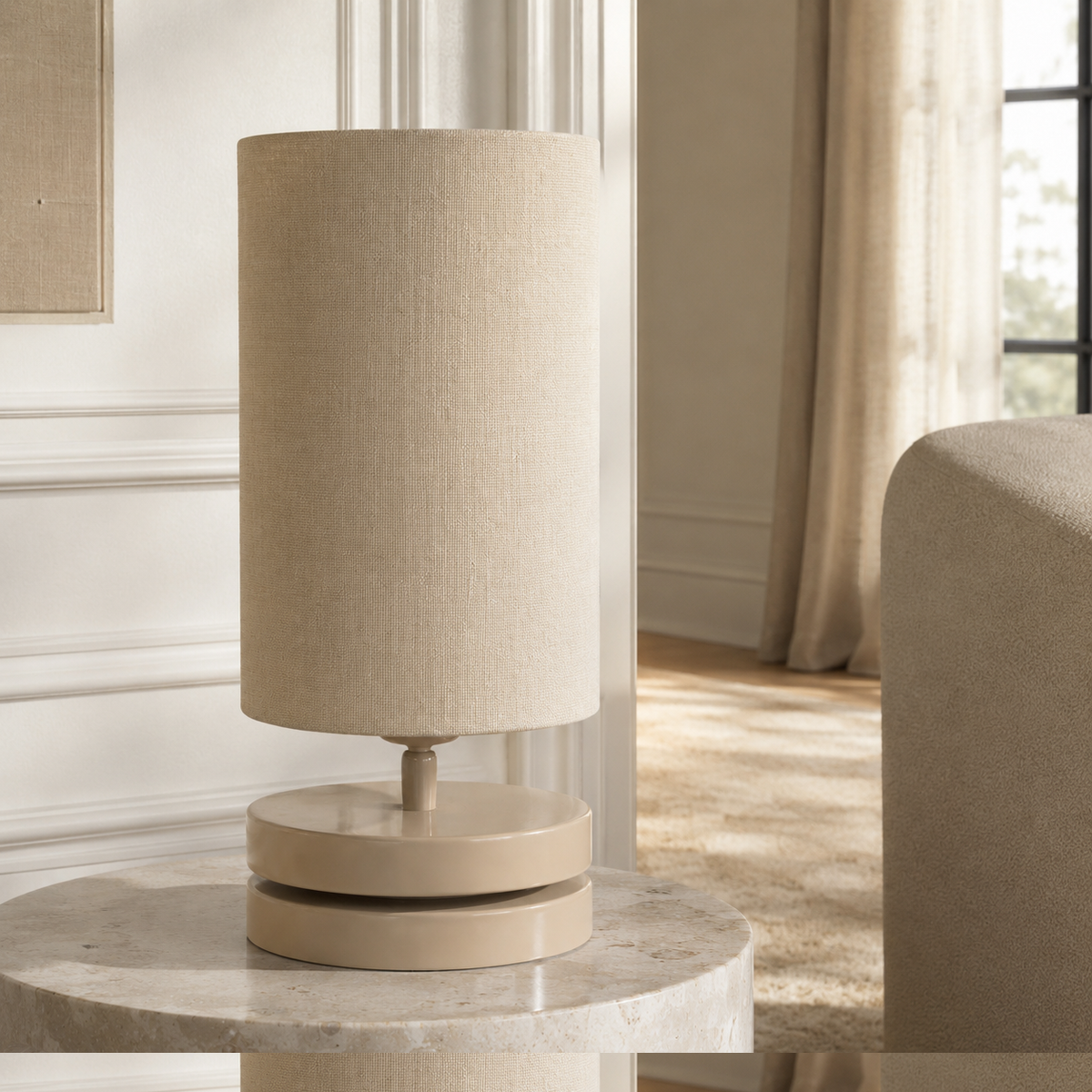 Table Lamp Mette 5344H taupe styled in a modern luxury living room interior with natural window light and photorealistic setting by Marcottestyle