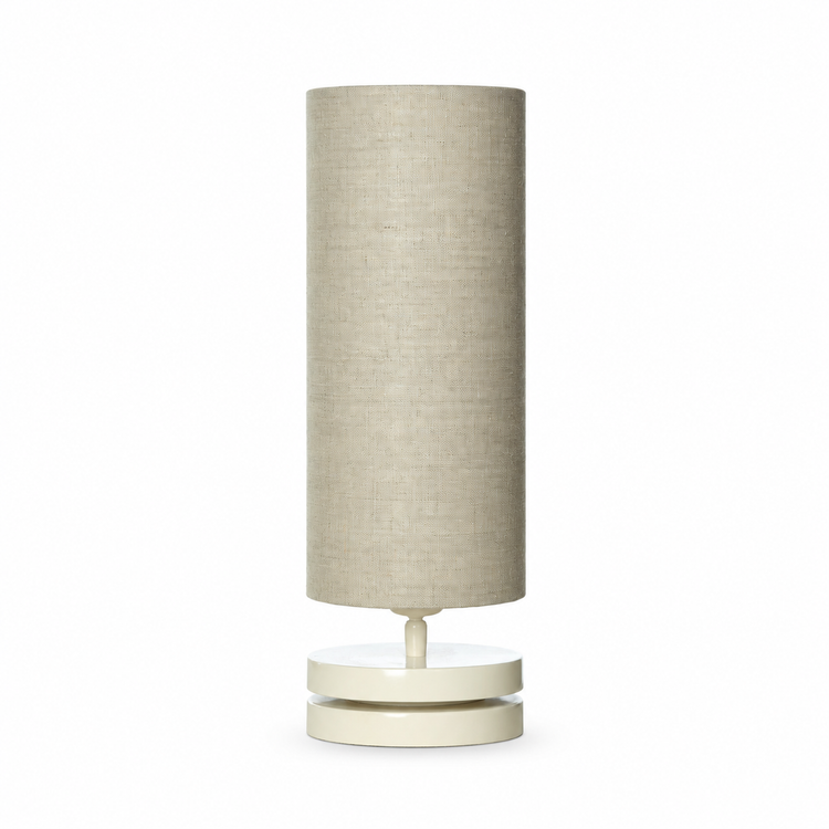 Table Lamp Mette 6176X Beige front view on white background with soft studio lighting, metal base with beige fabric shade, professional product photography by Marcottestyle