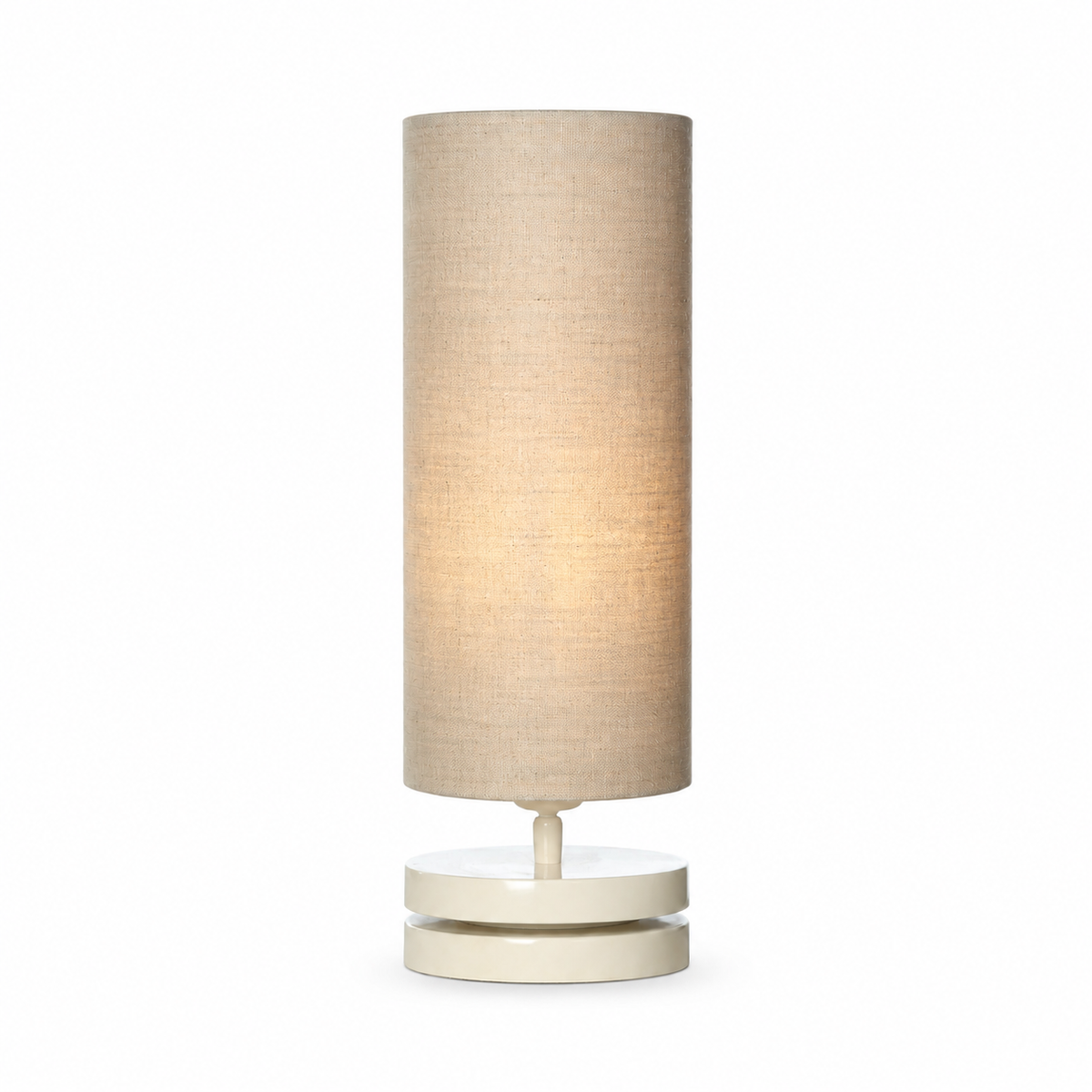 Table Lamp Mette 6176X Beige with light turned on showing warm glow through fabric shade, front view on white background, elegant designer table lamp by Marcottestyle
