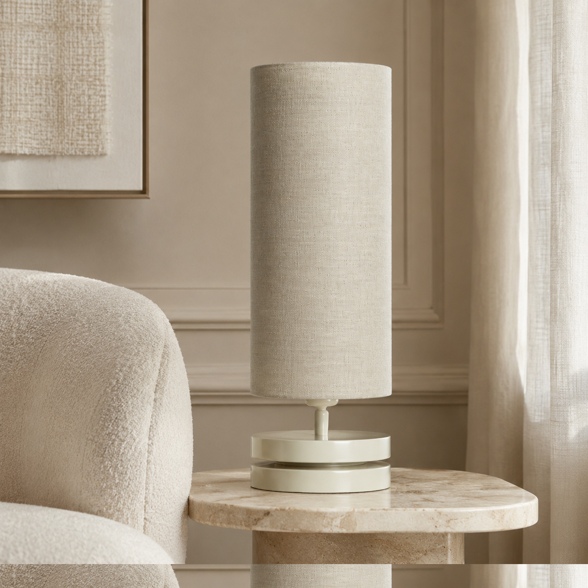 Table Lamp Mette 6176X Beige styled in modern luxury room interior with natural window light, photorealistic lifestyle product photography by Marcottestyle