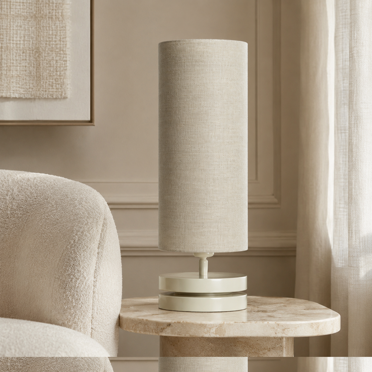 Table Lamp Mette 6176X Beige styled in modern luxury room interior with natural window light, photorealistic lifestyle product photography by Marcottestyle