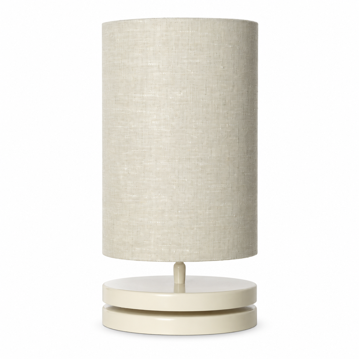 Table Lamp Mette 8741B in beige metal finish with cylindrical linen shade, front view on pure white background with soft studio lighting and subtle shadow beneath the base, by Marcottestyle