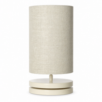 Tischlampe Mette 8741B in beige metal finish mit cylindrical linen shade, front view on pure white background mit soft studio lighting and subtle shadow beneath the base, by Marcottestyle