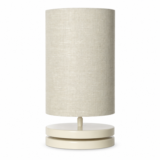Table Lamp Mette 8741B in beige metal finish with cylindrical linen shade, front view on pure white background with soft studio lighting and subtle shadow beneath the base, by Marcottestyle