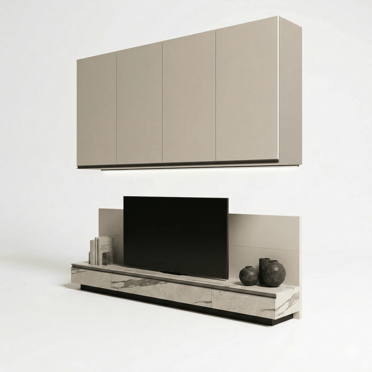 Milano Luxe Wall TV Unit with Floating Cabinet & Champagne Metallic Storage - Marcottestyle Shop | Marcottestyle