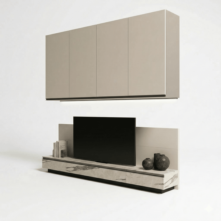 Milano Luxe Wall TV Unit with Floating Cabinet & Champagne Metallic Storage - Marcottestyle Shop | Marcottestyle