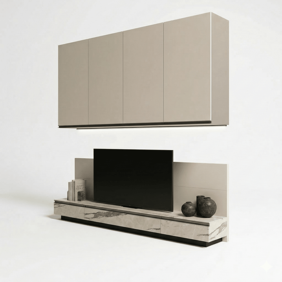 Milano Luxe Mural TV Unit avec Flottant Armoire & Champagne Metallic Storage - Marcottestyle Shop