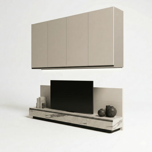 Milano Luxe Wall TV Unit with Floating Cabinet & Champagne Metallic Storage - Marcottestyle