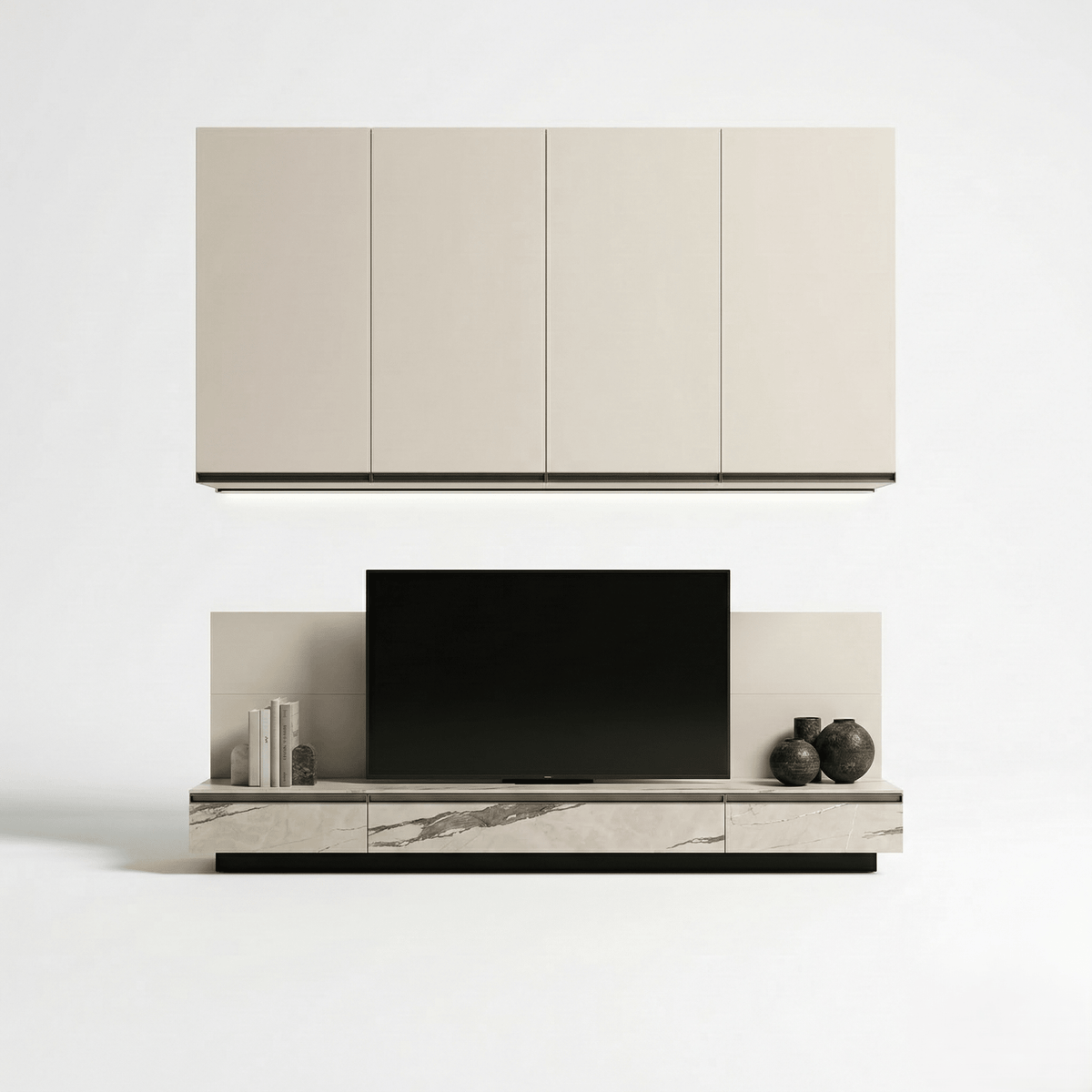 Milano Luxe Wall TV Unit with Floating Cabinet & Champagne Metallic Storage - Marcottestyle Shop | Marcottestyle