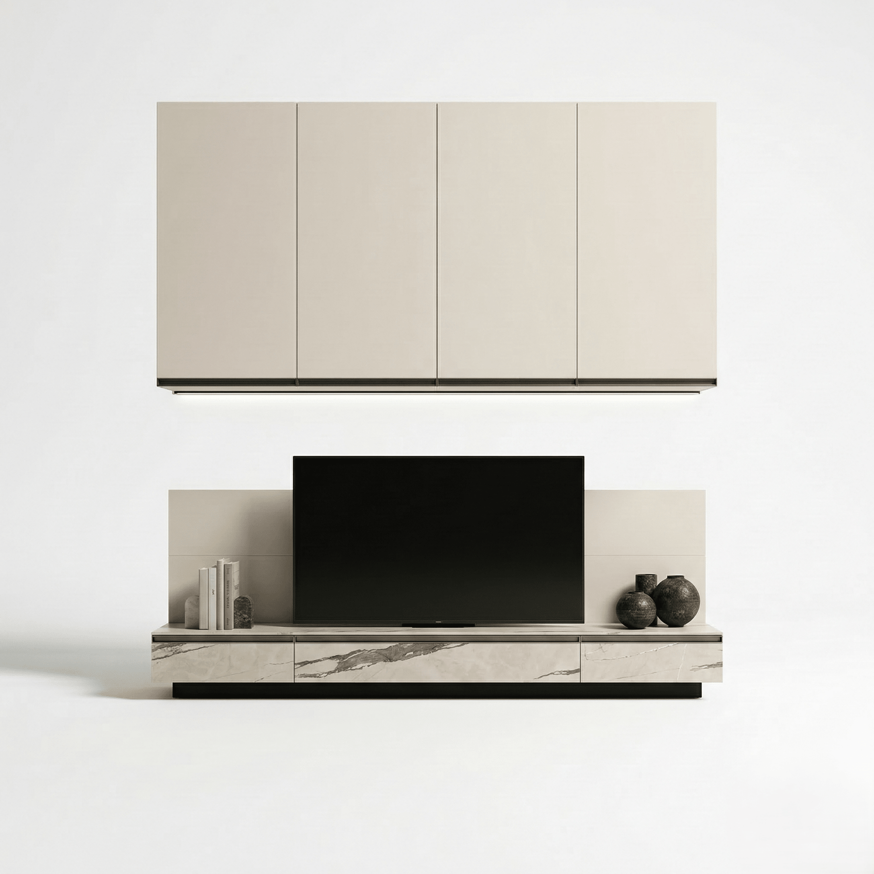 Milano Luxe Mural TV Unit avec Flottant Armoire & Champagne Metallic Storage - Marcottestyle Shop