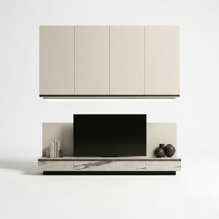 Milano Luxe Wall TV Unit with Floating Cabinet & Champagne Metallic Storage - Marcottestyle Shop | Marcottestyle