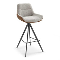 Ferrara bar stool in brown Bull 15 and natural Sneak 01 fabric with metal base and footrest