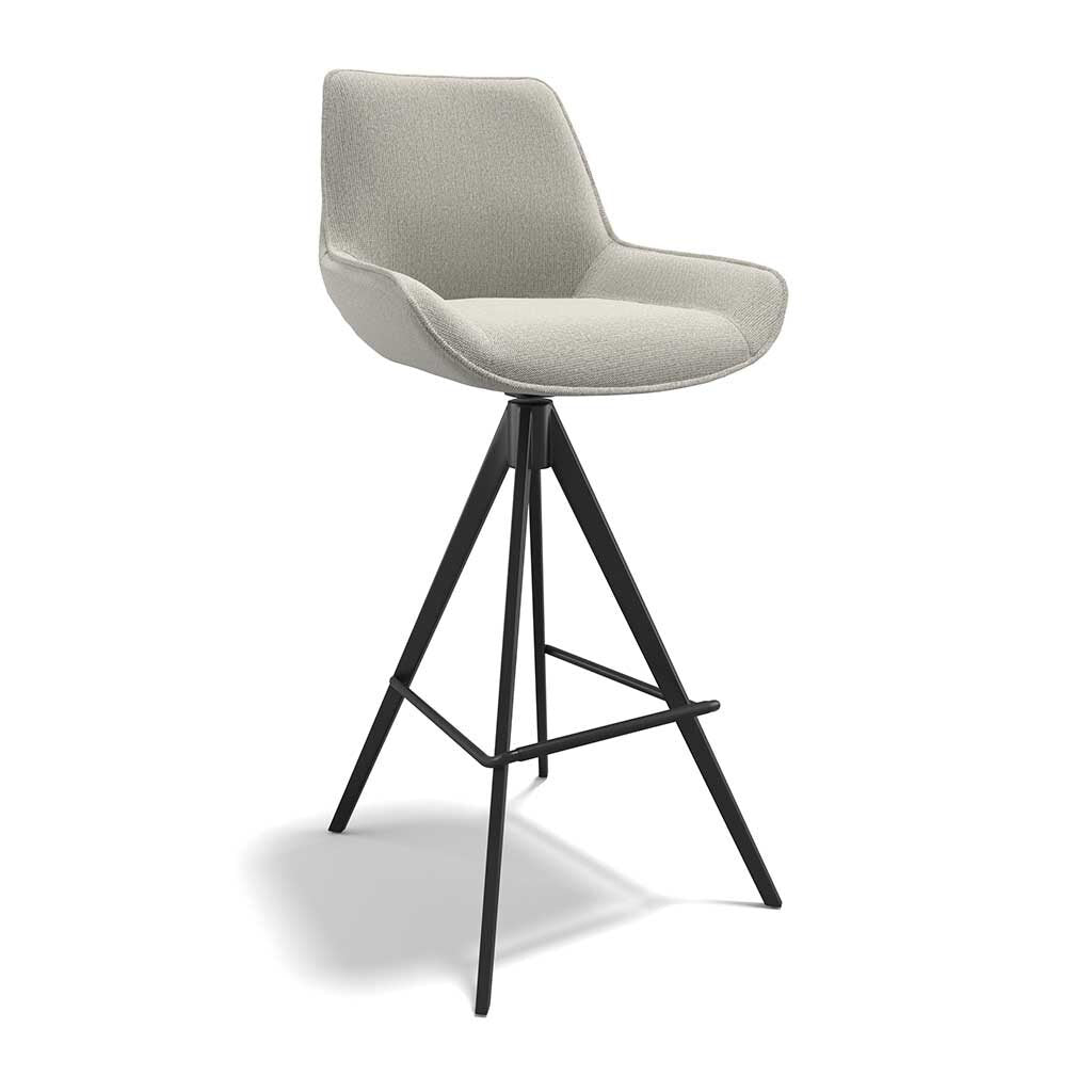 Padua bar stool in natural Sneak 01 fabric with wooden shell and metal base