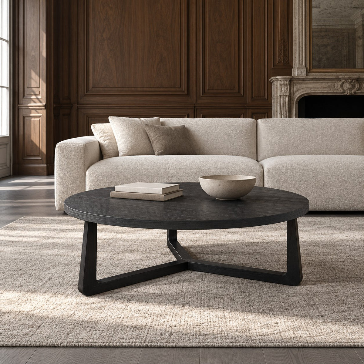 Coffee Table Ebano - Black Ash Veneer - Ø 100 cm - in a living room