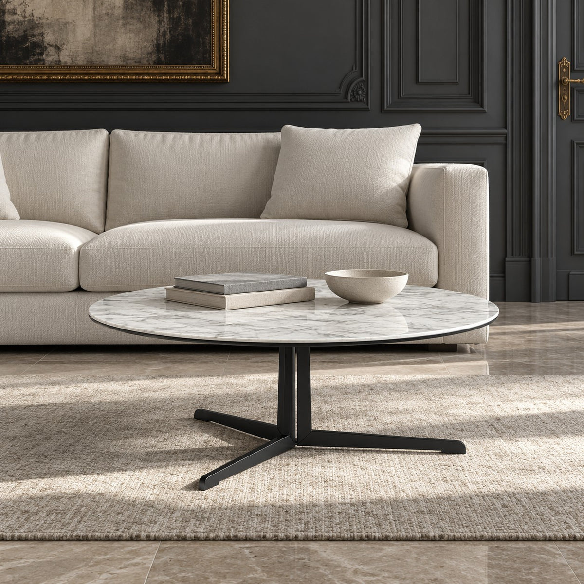 Coffee Table Kisoko - White MXC 205 Ceramic - Black Metal - Ø 100 cm - in a living room