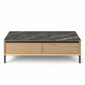 Salontafel Lima - Wit Gewassen Eikenfineer & Zwart Keramiek - Zwarte Metalen Poten - 120 cm