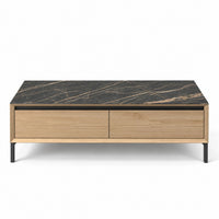Coffee Table Lima - White Wash Oak Veneer & Black Ceramic - Black Metal Legs - 120 cm - front view