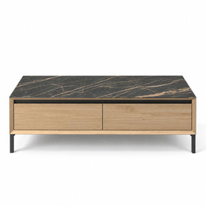 Salontafel Lima - Wit Gewassen Eikenfineer & Zwart Keramiek - Zwarte Metalen Poten - 120 cm