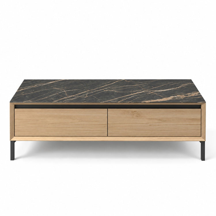 Coffee Table Lima - White Wash Oak Veneer & Black Ceramic - Black Metal Legs - 120 cm - front view