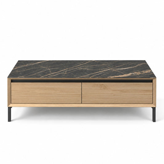 Coffee Table Lima - White Wash Oak Veneer & Black Ceramic - Black Metal Legs - 120 cm - front view