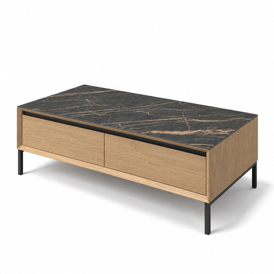 Coffee Table Lima - White Wash Oak Veneer & Black Ceramic - Black Metal Legs - 120 cm - three-quarter view