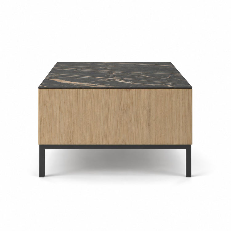 Coffee Table Lima - White Wash Oak Veneer & Black Ceramic - Black Metal Legs - 120 cm - side view