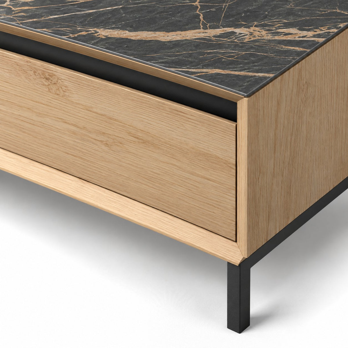 Coffee Table Lima - White Wash Oak Veneer & Black Ceramic - Black Metal Legs - 120 cm - detail