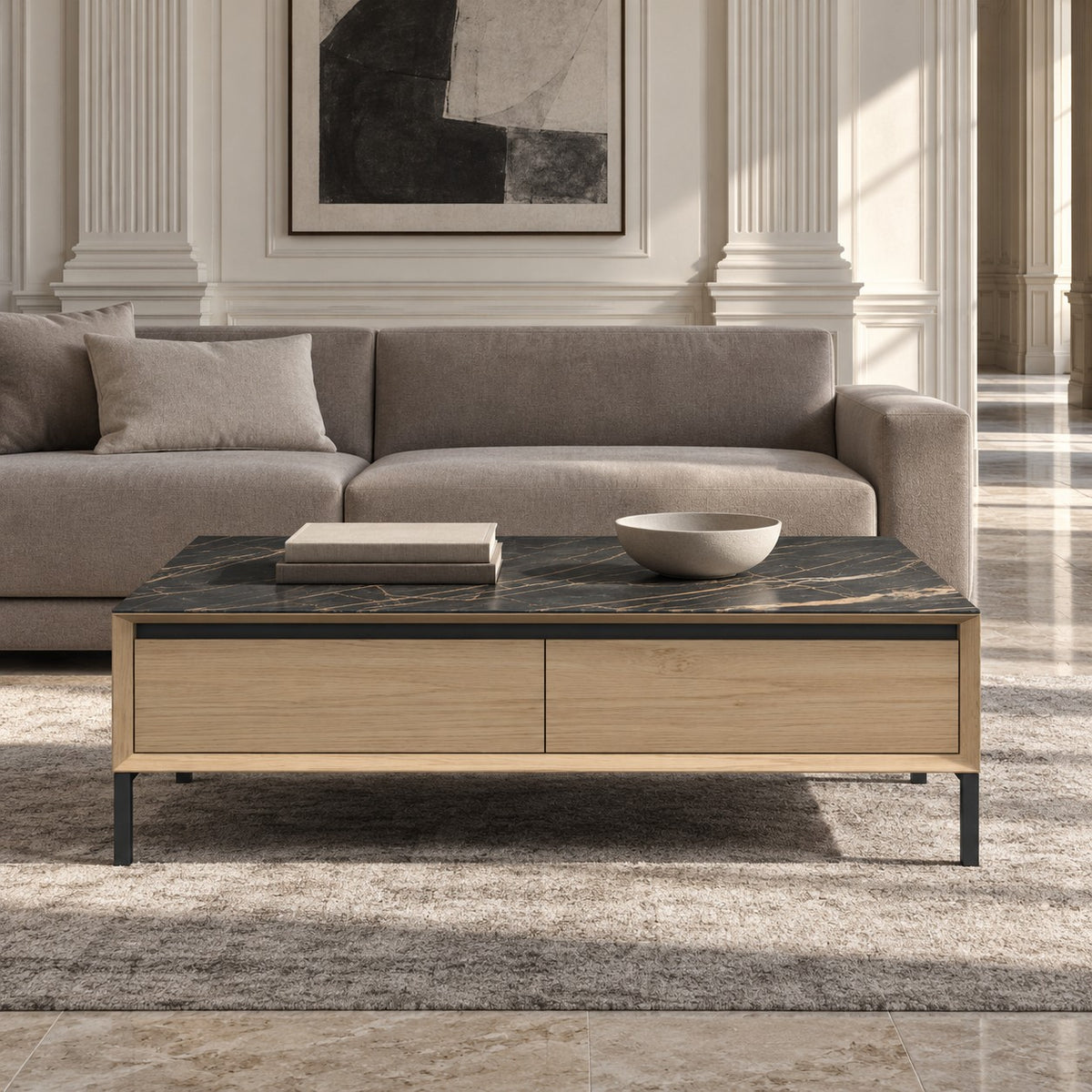 Coffee Table Lima - White Wash Oak Veneer & Black Ceramic - Black Metal Legs - 120 cm - in a living room