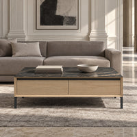 Coffee Table Lima - White Wash Oak Veneer & Black Ceramic - Black Metal Legs - 120 cm - in a living room