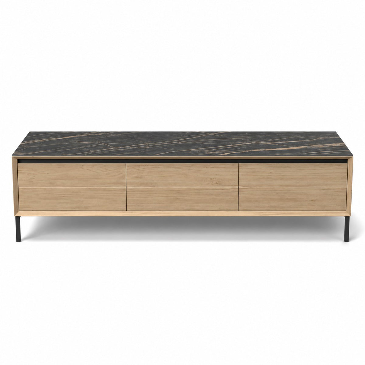 TV Stand Lima - White Wash Oak Veneer & Black Ceramic - Black Metal Legs - 180 cm - front view