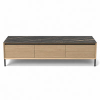 TV Stand Lima - White Wash Oak Veneer & Black Ceramic - Black Metal Legs - 180 cm - front view