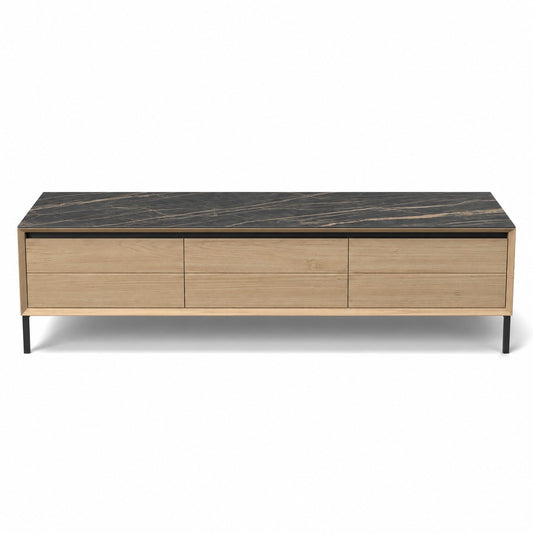 TV Stand Lima - White Wash Oak Veneer & Black Ceramic - Black Metal Legs - 180 cm - front view