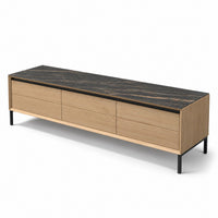 TV Stand Lima - White Wash Oak Veneer & Black Ceramic - Black Metal Legs - 180 cm - three-quarter view