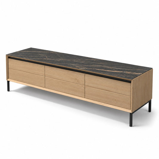 TV Stand Lima - White Wash Oak Veneer & Black Ceramic - Black Metal Legs - 180 cm - three-quarter view