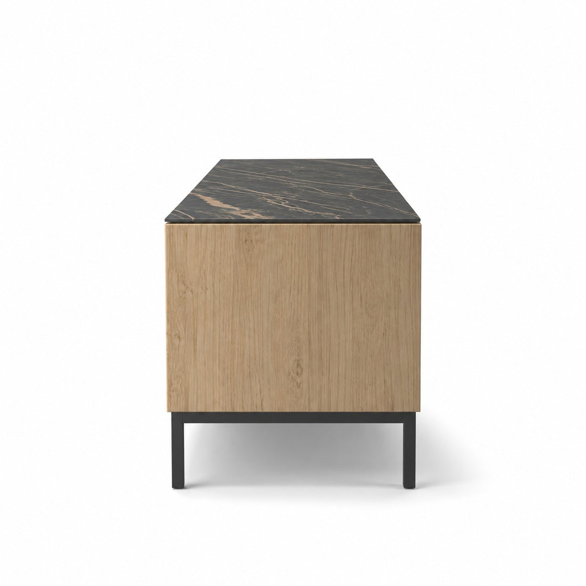 TV Stand Lima - White Wash Oak Veneer & Black Ceramic - Black Metal Legs - 180 cm - side view