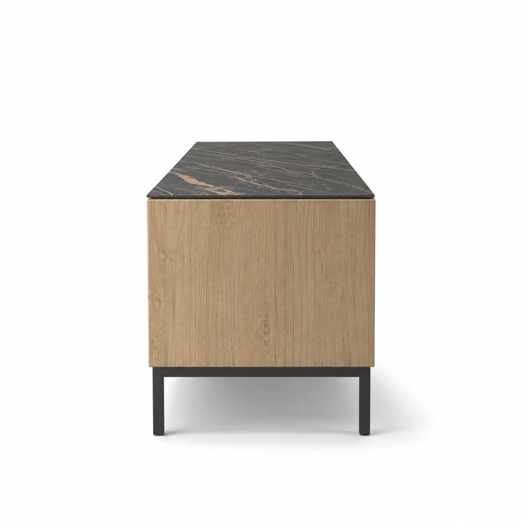 TV Stand Lima - White Wash Oak Veneer & Black Ceramic - Black Metal Legs - 180 cm - side view