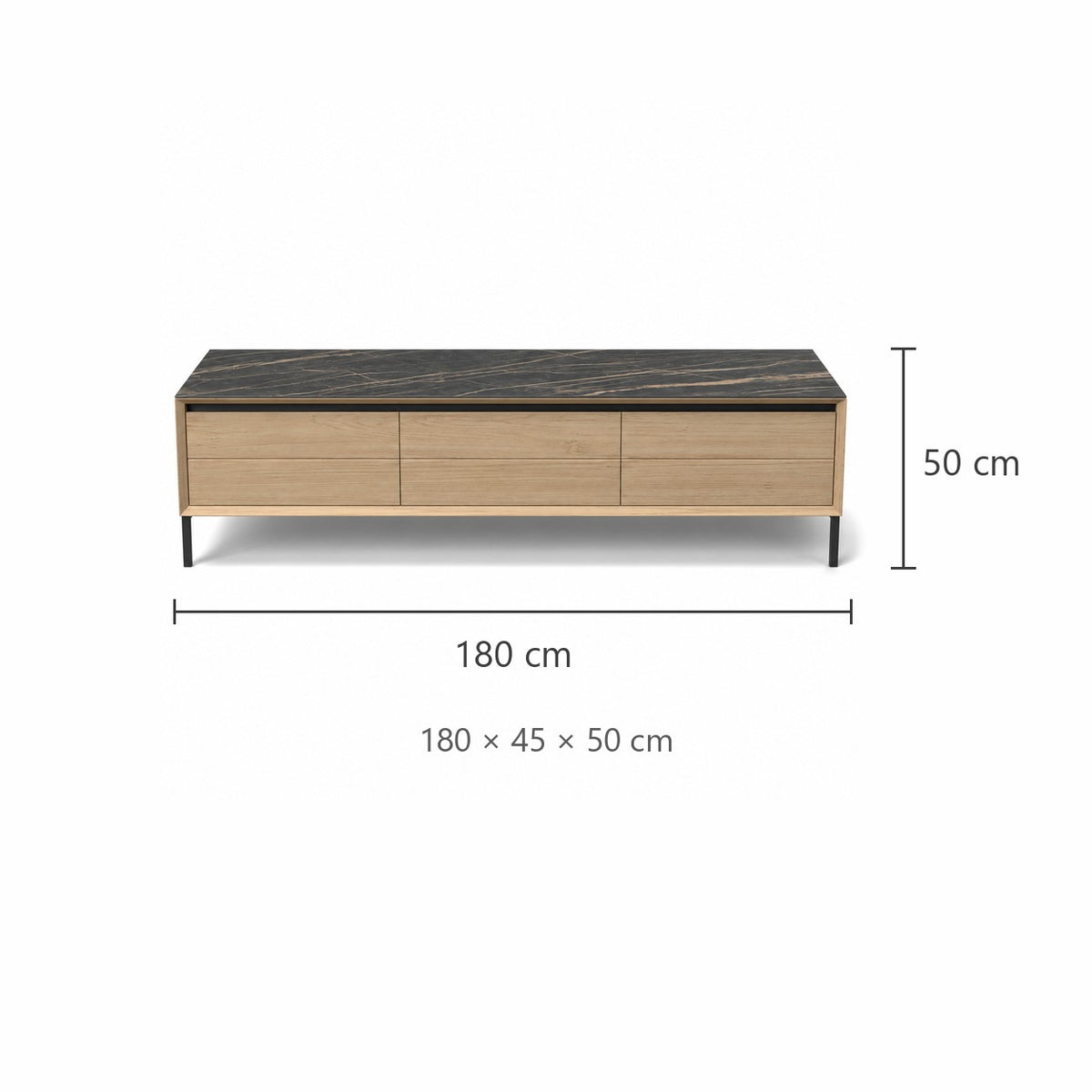 TV Stand Lima - White Wash Oak Veneer & Black Ceramic - Black Metal Legs - 180 cm - dimensions