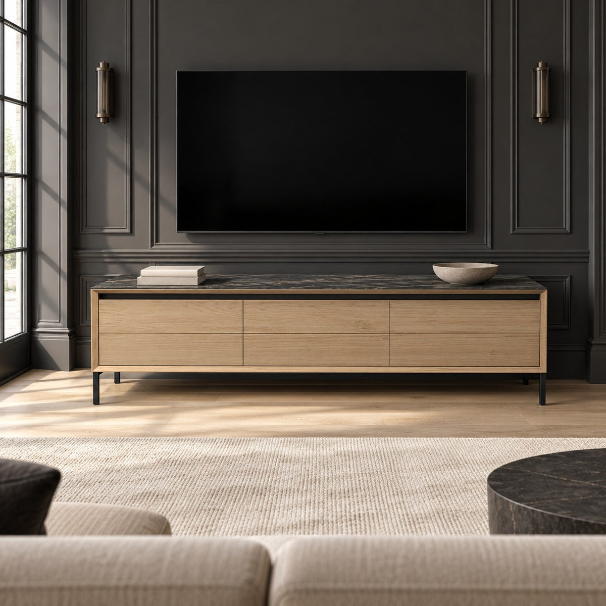 TV Stand Lima - White Wash Oak Veneer & Black Ceramic - Black Metal Legs - 180 cm - in a living room