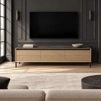 TV Stand Lima - White Wash Oak Veneer & Black Ceramic - Black Metal Legs - 180 cm - in a living room