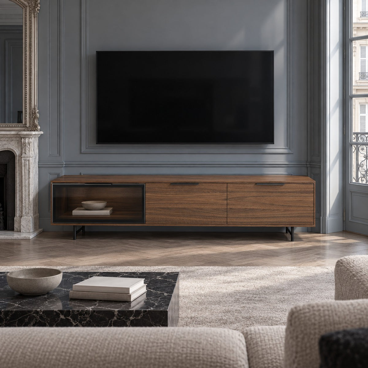 TV Stand Manilla - LED - Walnut Veneer - 180 cm - in a living room