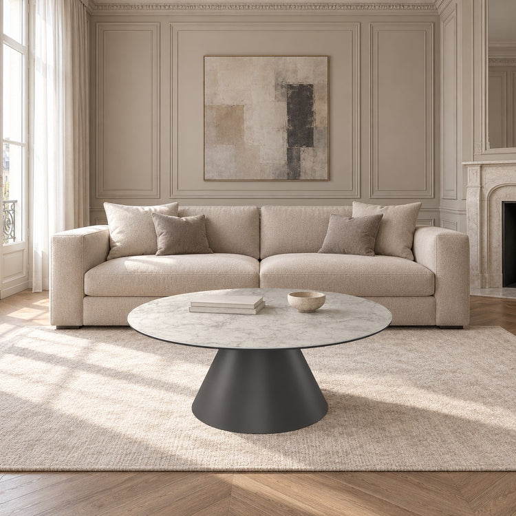 Coffee Table Notori - White MXC 121 Ceramic - Black Metal - Ø 90 cm - in a living room