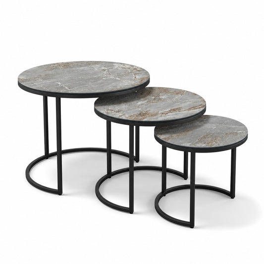 Coffee Table Senjo - Nesting Set - Grey MXC 201 Ceramic - Black Metal - front view