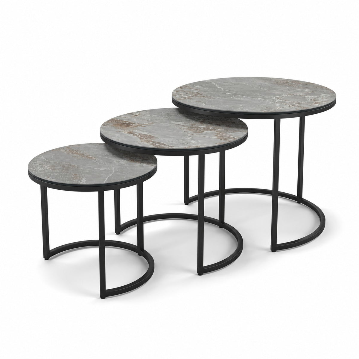 Coffee Table Senjo - Nesting Set - Grey MXC 201 Ceramic - Black Metal - three-quarter view
