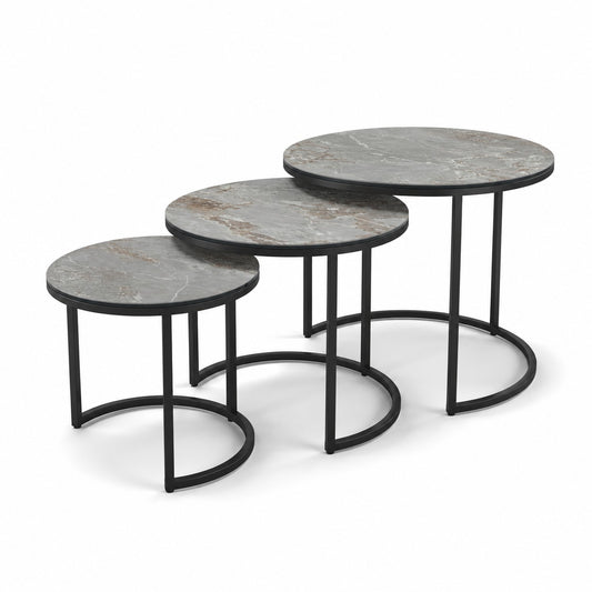 Coffee Table Senjo - Nesting Set - Grey MXC 201 Ceramic - Black Metal - three-quarter view