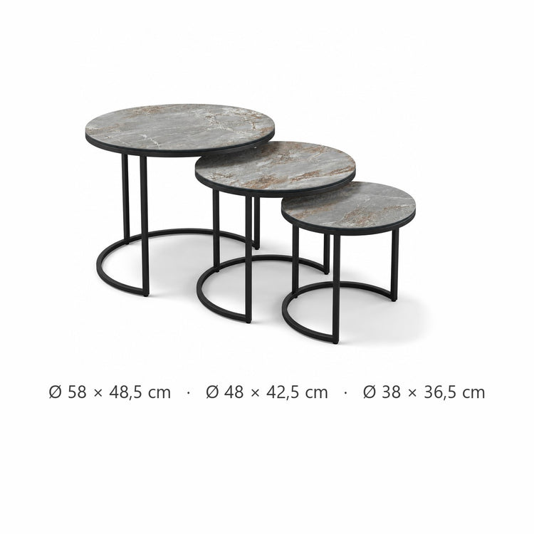 Coffee Table Senjo - Nesting Set - Grey MXC 201 Ceramic - Black Metal - dimensions