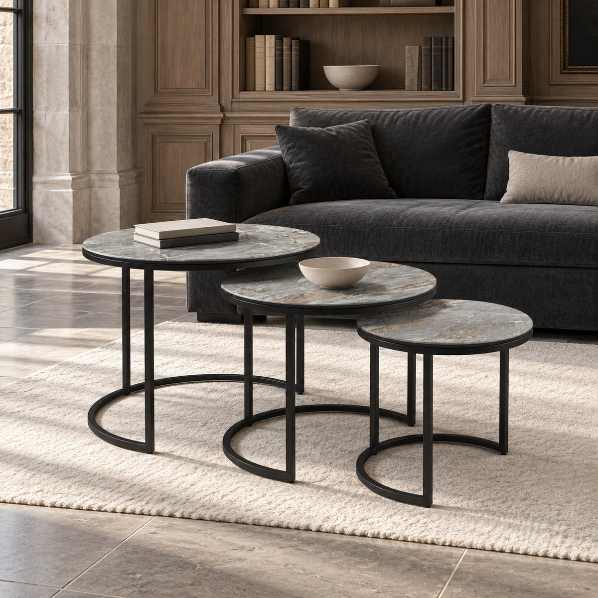 Coffee Table Senjo - Nesting Set - Grey MXC 201 Ceramic - Black Metal - in a living room