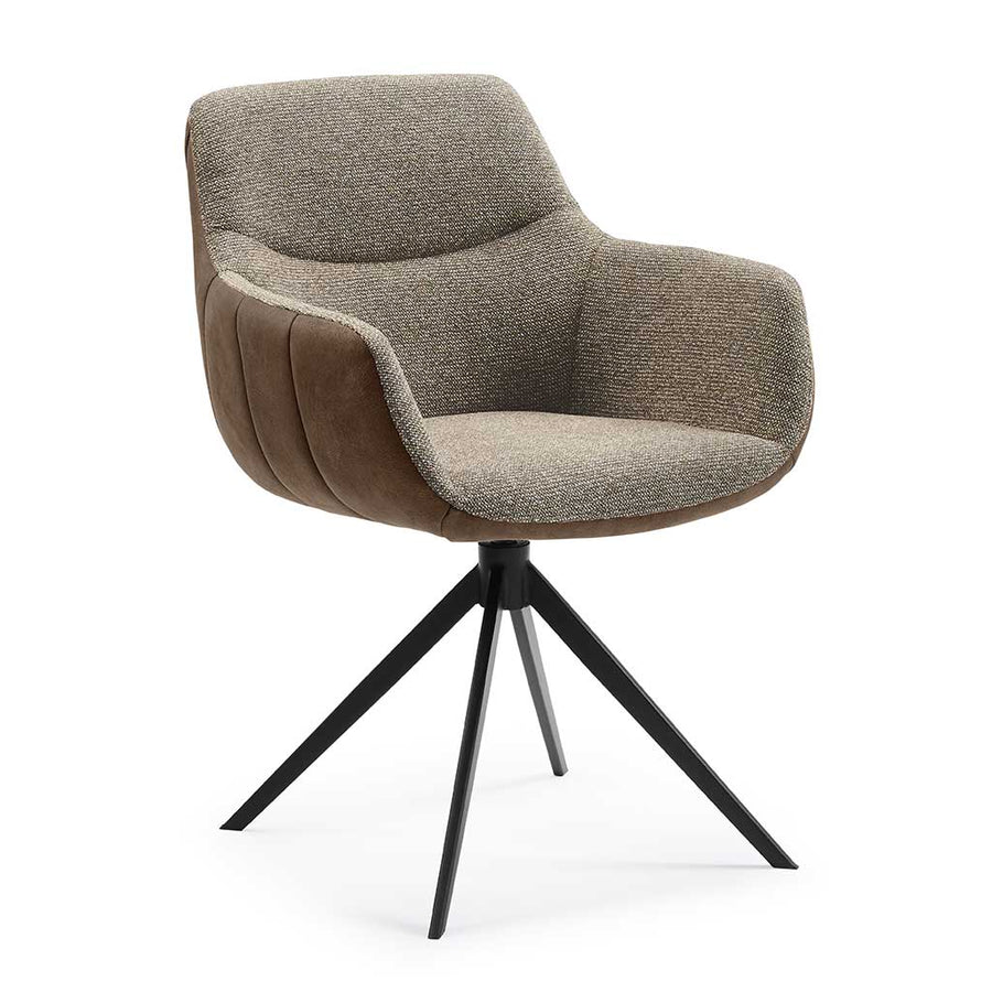 Dining Chair Ferrara - Brown Bull Leather & Brown Sneak Fabric with Black Swivel Base - 61 x 61 x 85 cm